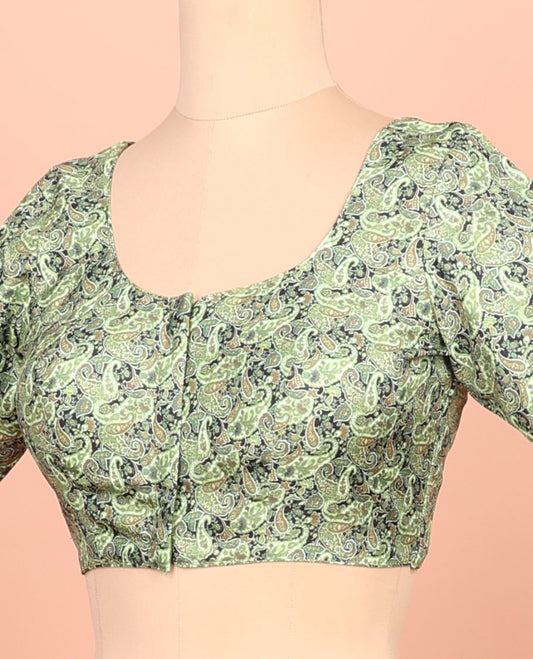 Green paisleys printed front-back round-neck elbow sleeve readymade blouse