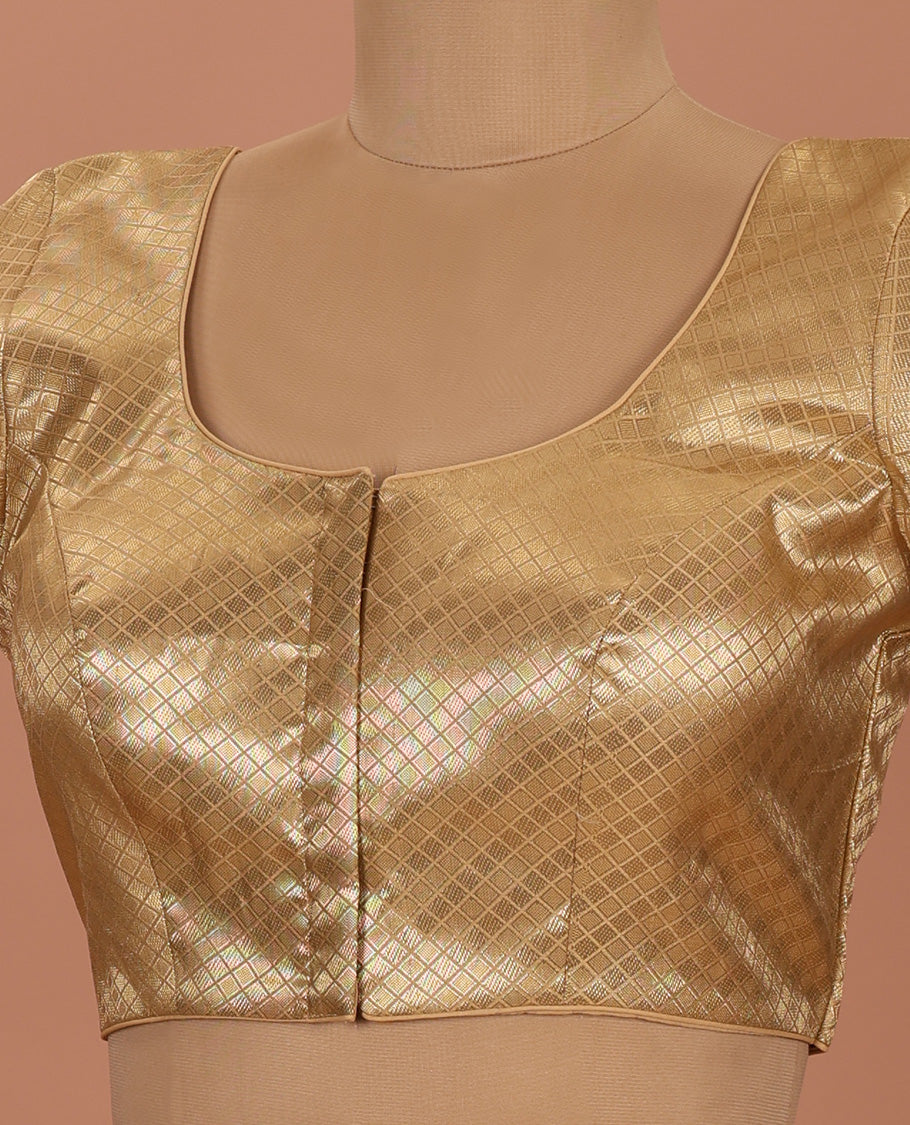 Gold jaal front-back round neck elbow-sleeve readymade blouse