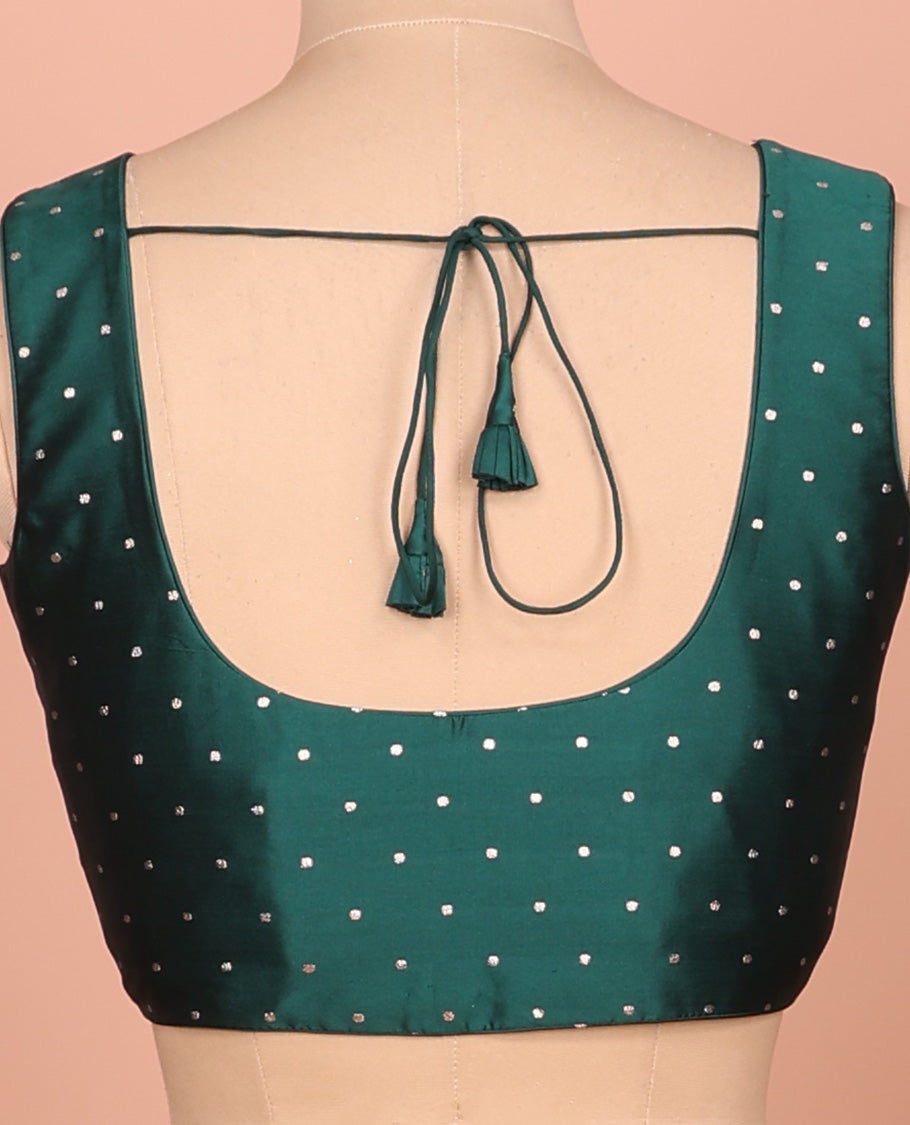 Forest green glitter dotted front and back round necked sleeveless readymade blouse