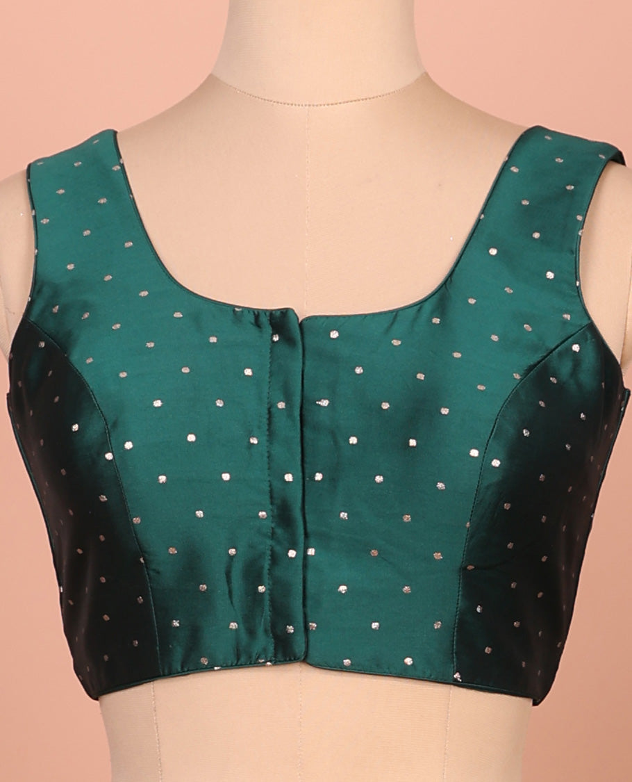 Forest green glitter dotted front and back round necked sleeveless readymade blouse