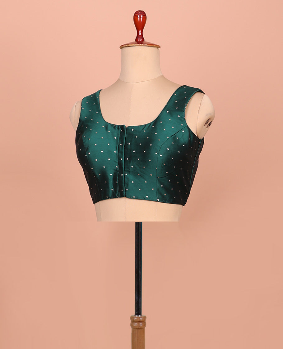 Forest green glitter dotted front and back round necked sleeveless readymade blouse