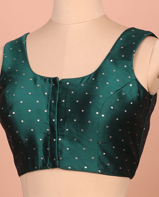 Forest green glitter dotted front and back round necked sleeveless readymade blouse