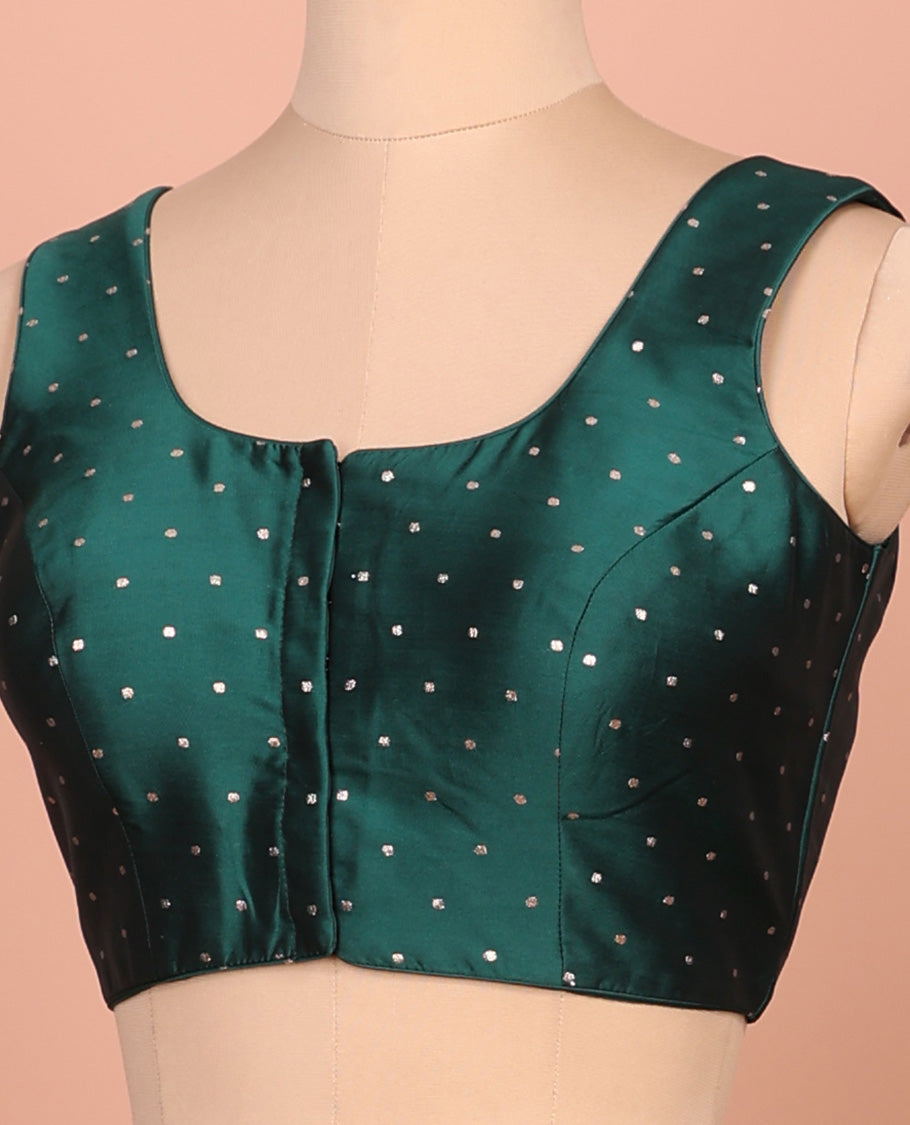 Forest green glitter dotted front and back round necked sleeveless readymade blouse