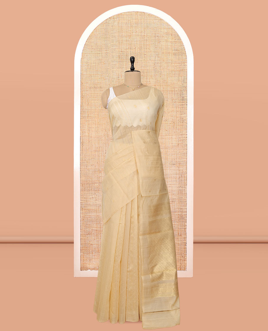 Borderless Gold Silk Cotton Saree, Steeped with Zari Stripes and Buttas, Diagonally Striped Pallu, and a Matching Blouse