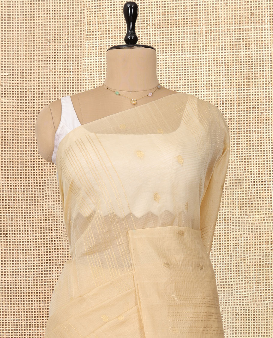 Borderless Gold Silk Cotton Saree, Steeped with Zari Stripes and Buttas, Diagonally Striped Pallu, and a Matching Blouse