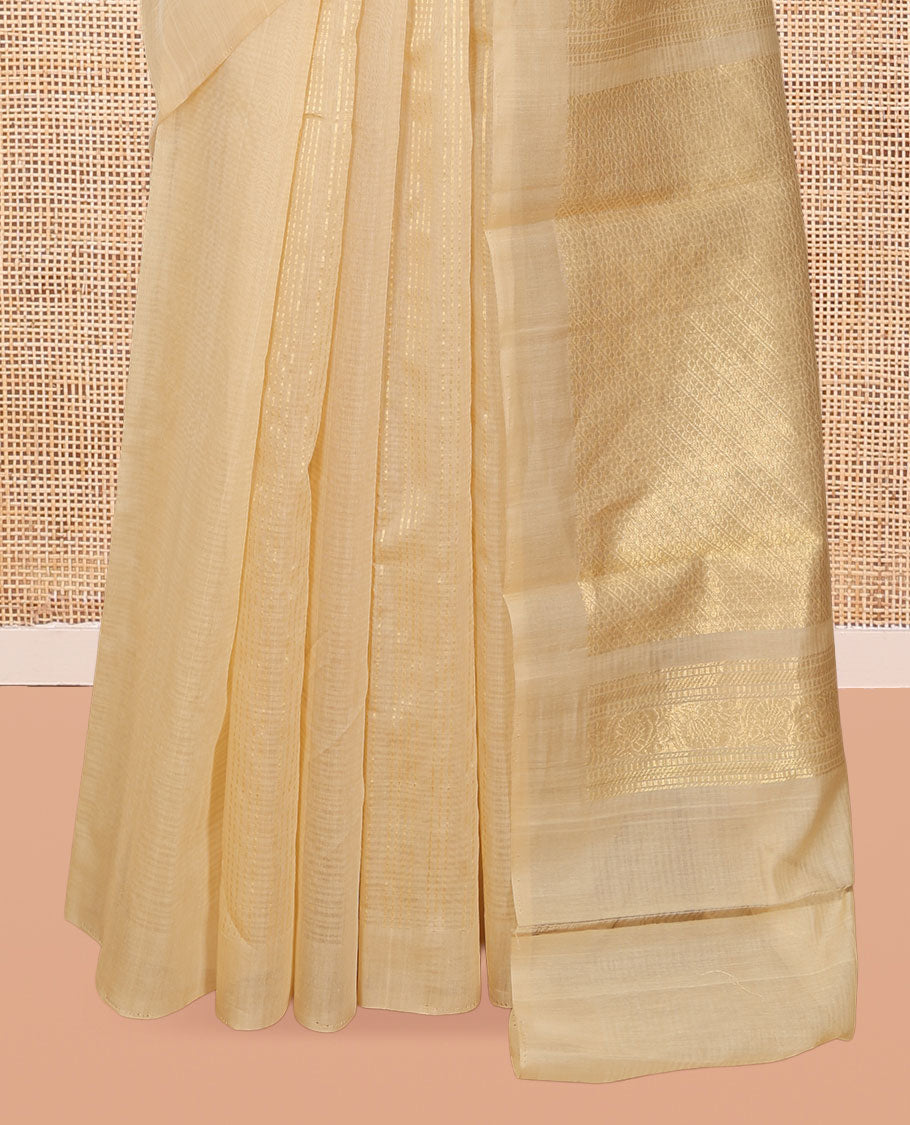 Borderless Gold Silk Cotton Saree, Steeped with Zari Stripes and Buttas, Diagonally Striped Pallu, and a Matching Blouse
