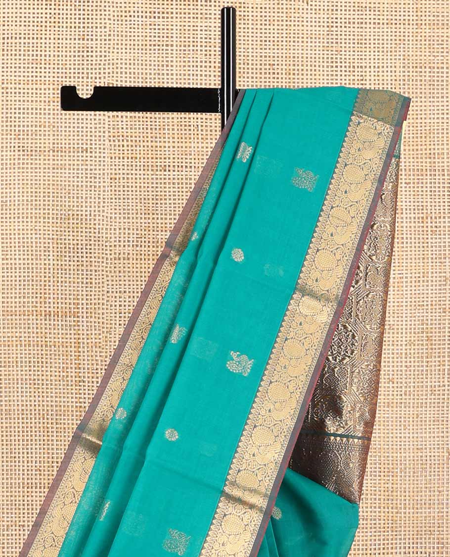 Sea blue motifs silk cotton saree with intricate zari design border & floral design pallu