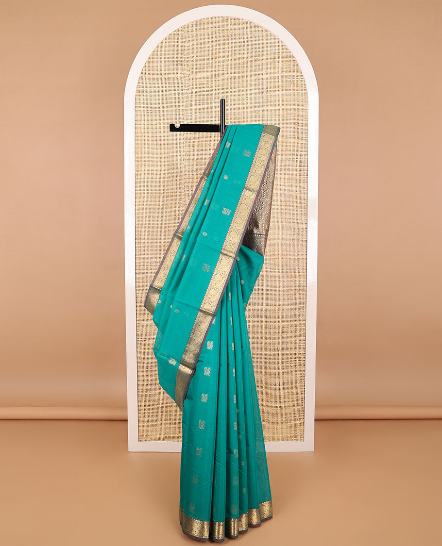Sea blue motifs silk cotton saree with intricate zari design border & floral design pallu
