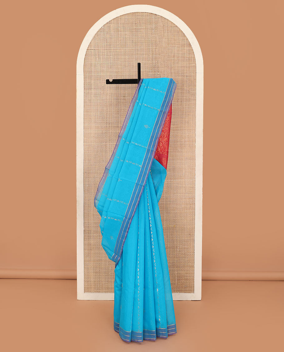 Blue zari design silk cotton saree, contrast striped border, and pallu of spiral motifs