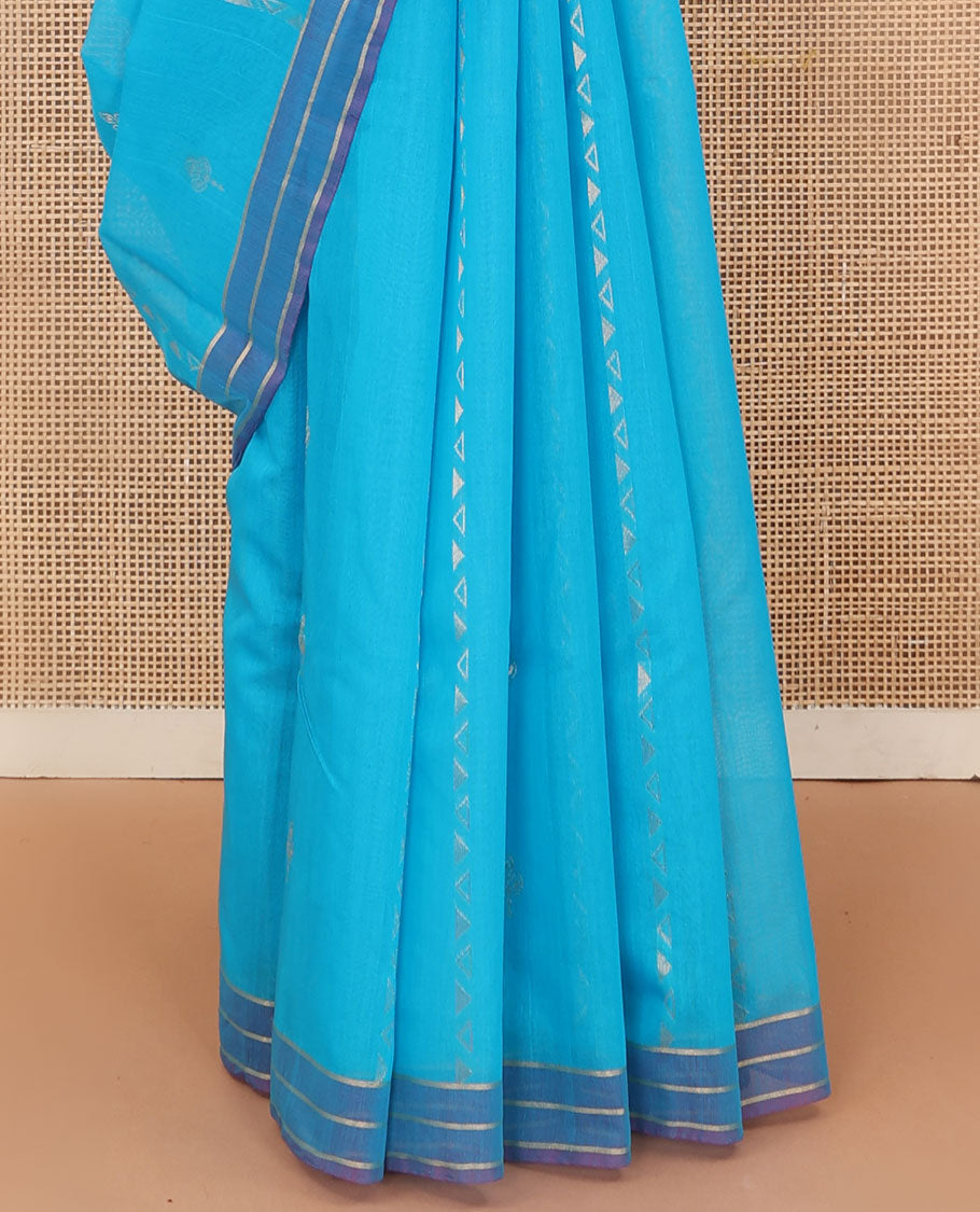 Blue zari design silk cotton saree, contrast striped border, and pallu of spiral motifs