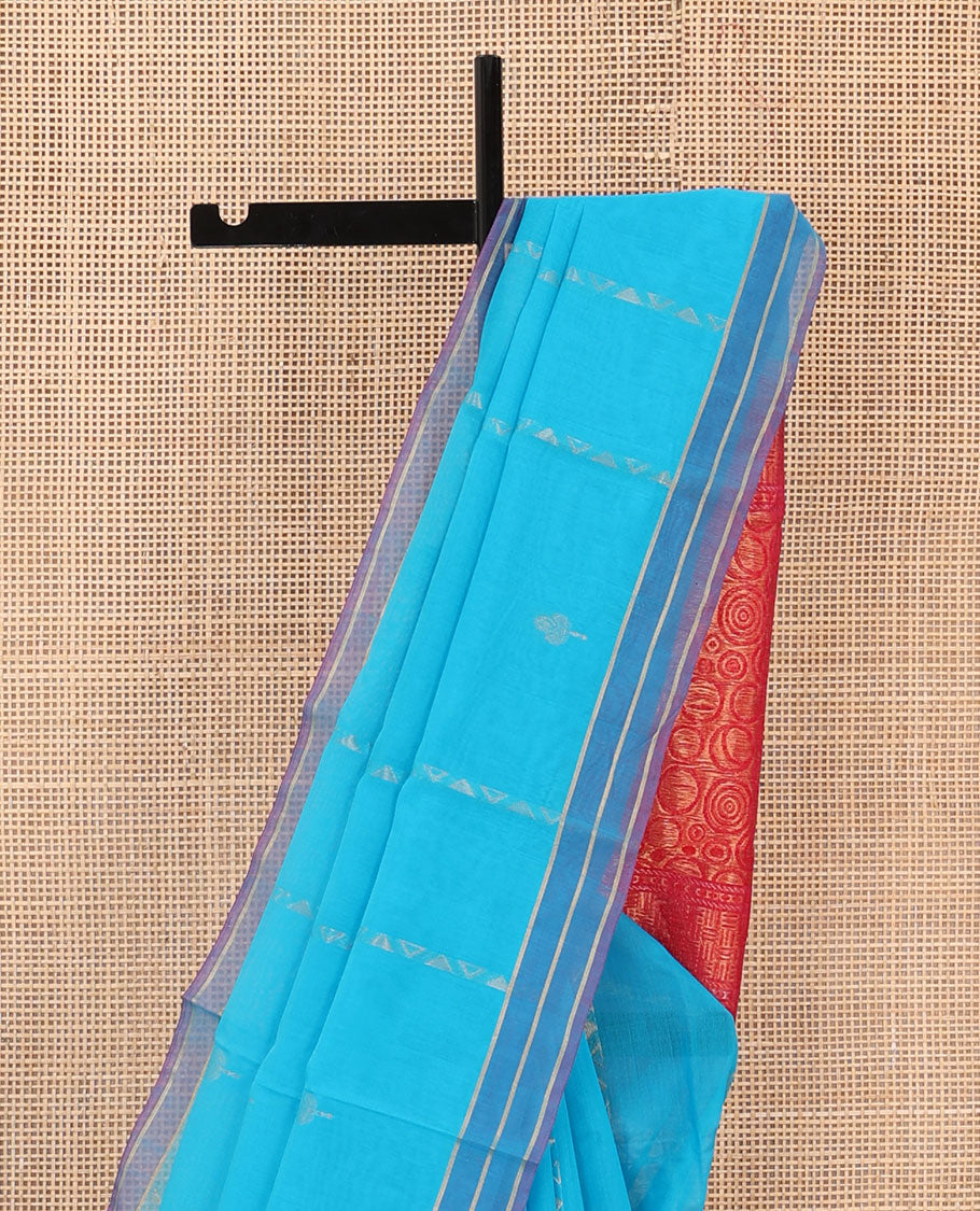 Blue zari design silk cotton saree, contrast striped border, and pallu of spiral motifs