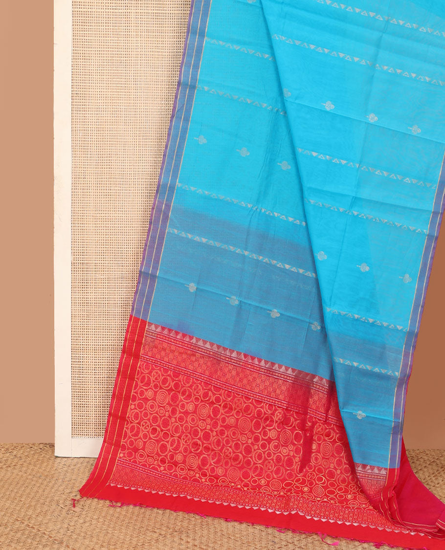 Blue zari design silk cotton saree, contrast striped border, and pallu of spiral motifs