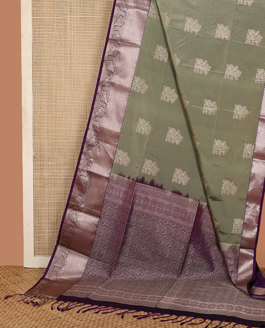 Grey floral buttas soft silk saree, contrast traditional zari design border, and floral design pallu