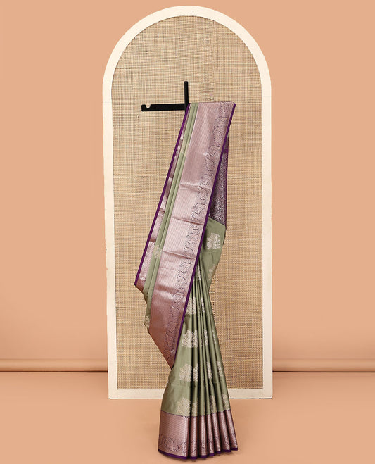 Grey floral buttas soft silk saree, contrast traditional zari design border, and floral design pallu