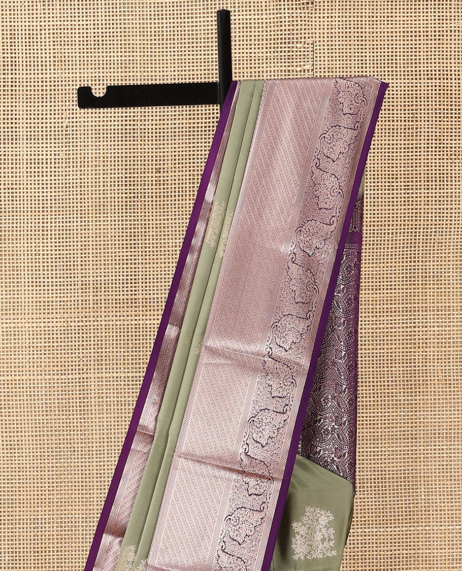 Grey floral buttas soft silk saree, contrast traditional zari design border, and floral design pallu
