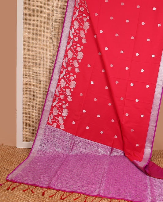 Red semi-soft silk saree with zari buttas & pichwai lotus designs, contrast zari border & pallu of intricate zari designs