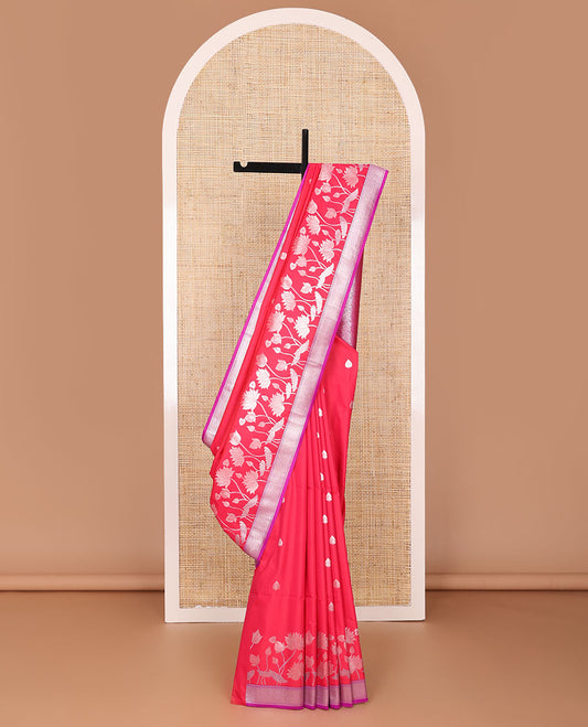 Red semi-soft silk saree with zari buttas & pichwai lotus designs, contrast zari border & pallu of intricate zari designs