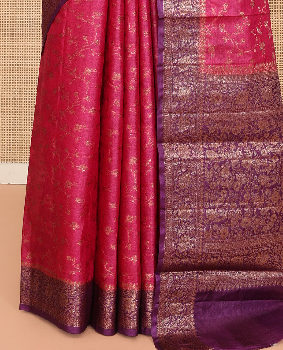 Pink Tussar Silk Saree, Bedecked with Floral Jaal Jacquard Design, a Contrast Zari Floral Creeper Border, Grand Pallu, and a Contrast Blouse