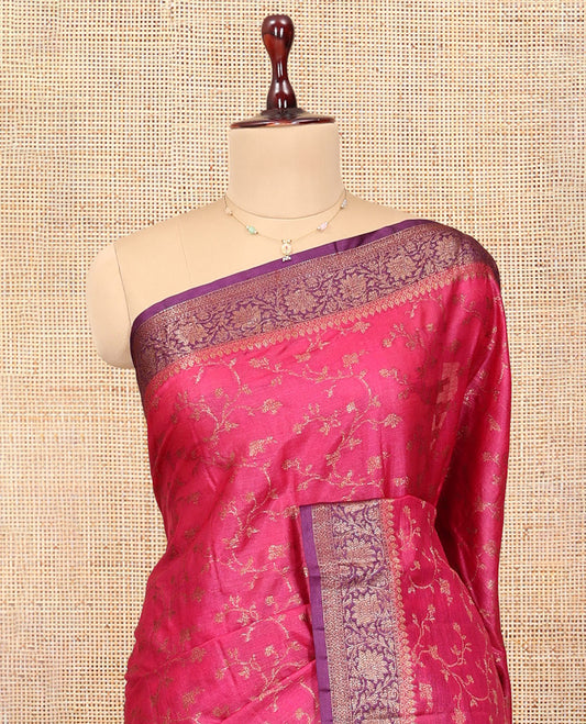 Pink Tussar Silk Saree, Bedecked with Floral Jaal Jacquard Design, a Contrast Zari Floral Creeper Border, Grand Pallu, and a Contrast Blouse