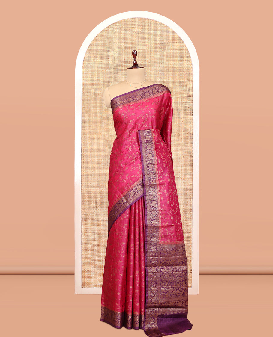 Pink Tussar Silk Saree, Bedecked with Floral Jaal Jacquard Design, a Contrast Zari Floral Creeper Border, Grand Pallu, and a Contrast Blouse