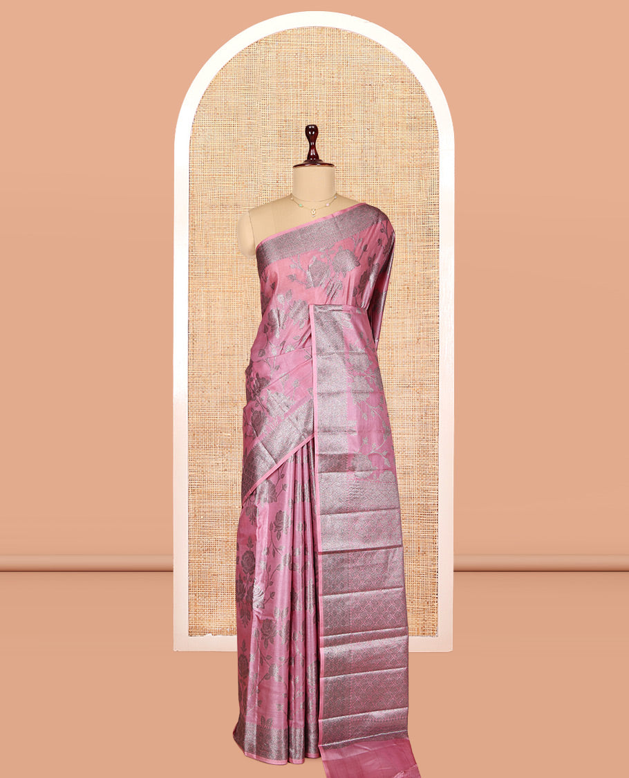 Pink Tusser Silk Saree, Ornamented with Floral Jaal Jacquard Design, a Zari Border, Intricate Pallu, and a Matching Blouse