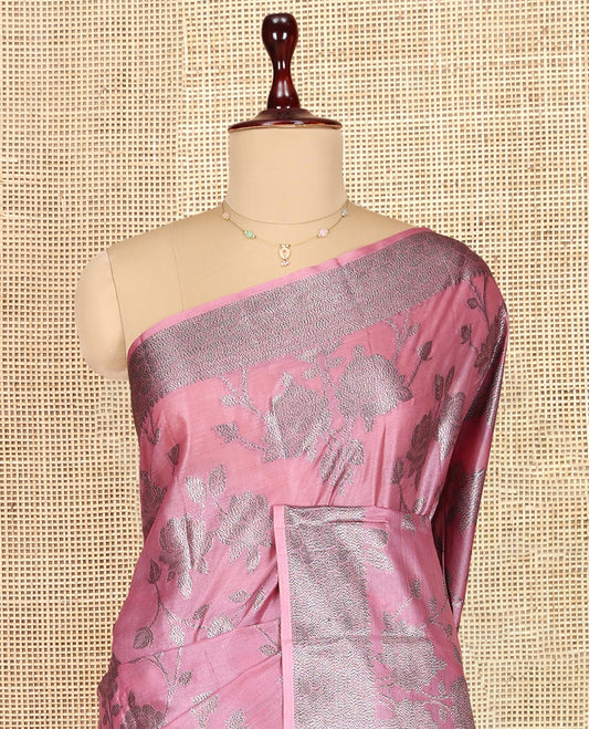 Pink Tusser Silk Saree, Ornamented with Floral Jaal Jacquard Design, a Zari Border, Intricate Pallu, and a Matching Blouse