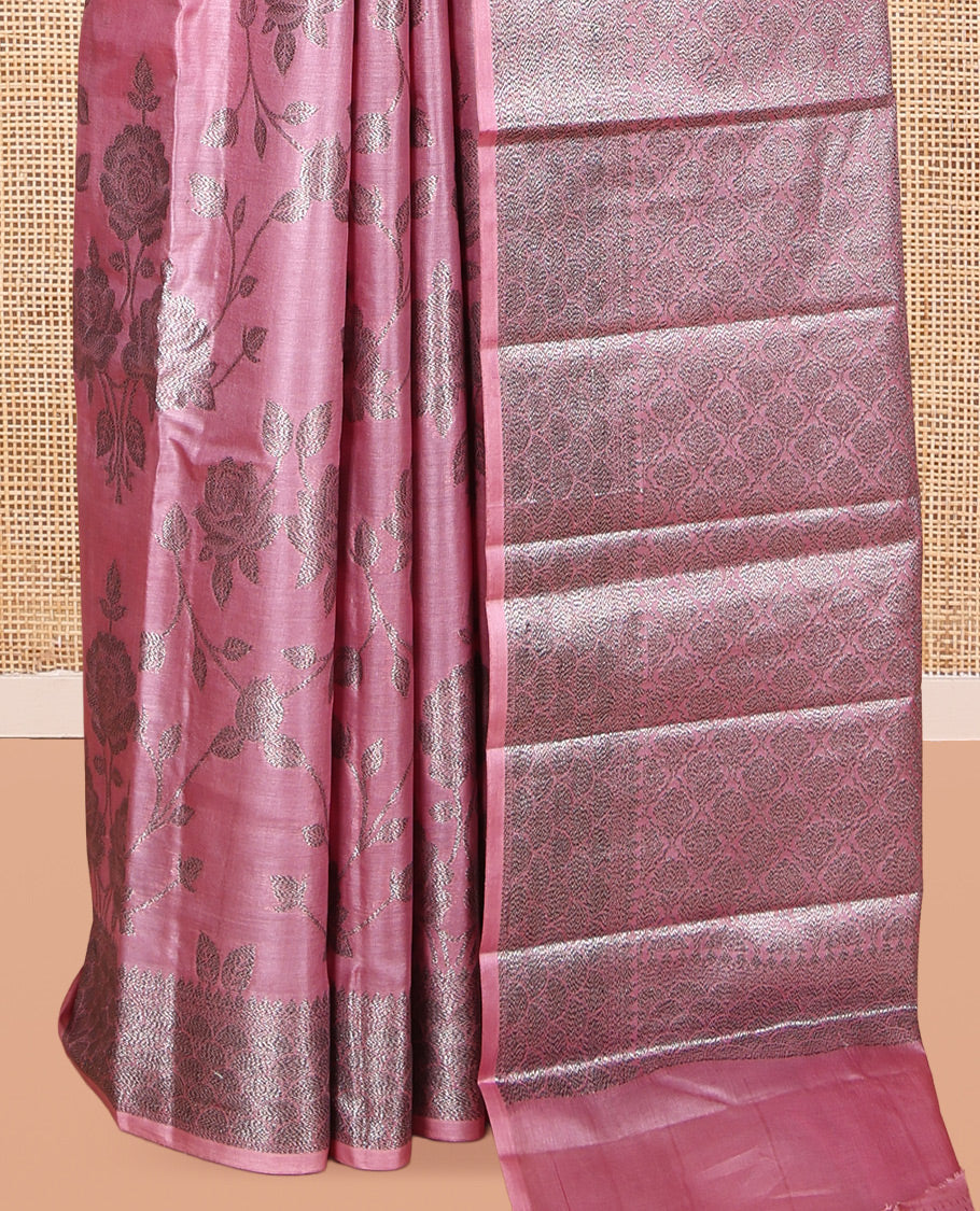 Pink Tusser Silk Saree, Ornamented with Floral Jaal Jacquard Design, a Zari Border, Intricate Pallu, and a Matching Blouse