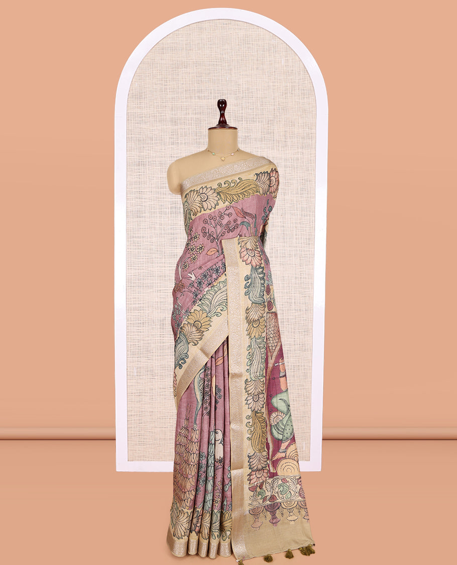 Onion Pink Kalamkari Printed Fancy Tussar Saree