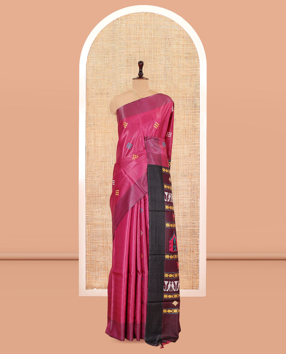Pink Tussar Saree Featuring Pasapalli Buttas, a Contrast Plain Border, Intricately Woven Pallu, and a Contrast Blouse