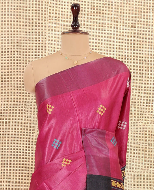 Pink Tussar Saree Featuring Pasapalli Buttas, a Contrast Plain Border, Intricately Woven Pallu, and a Contrast Blouse