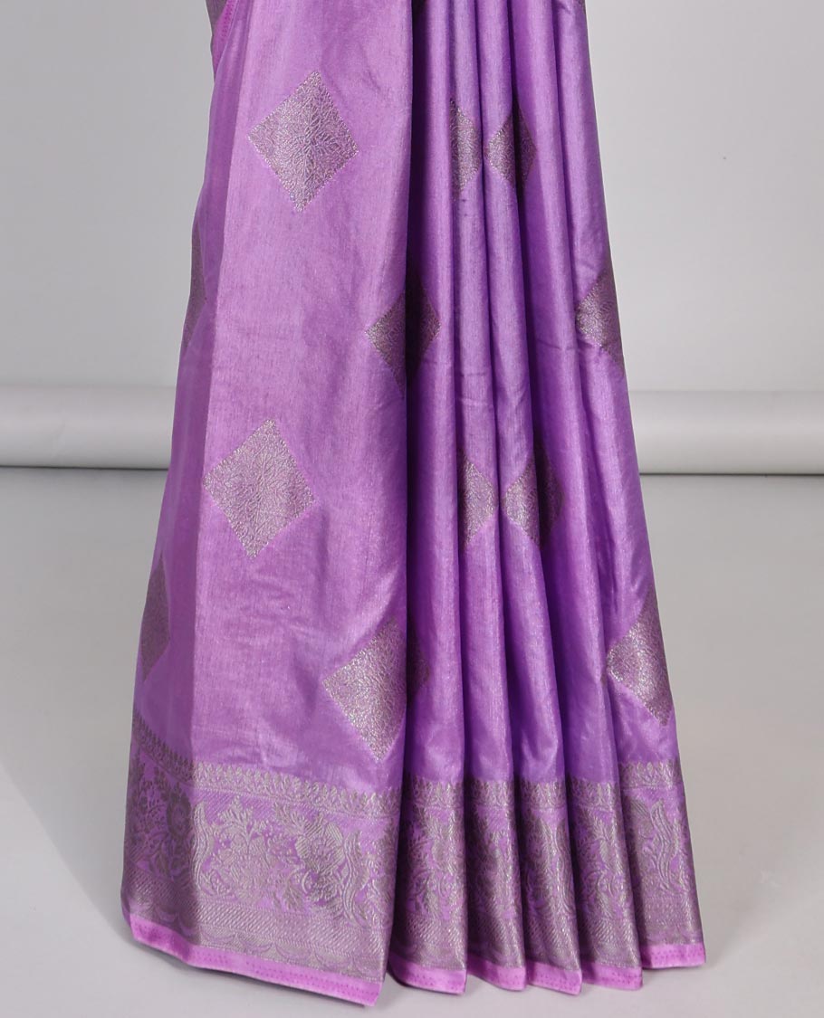Lavender square motifs semi- banaras tussar saree with self zari striped border &  square motifs pallu