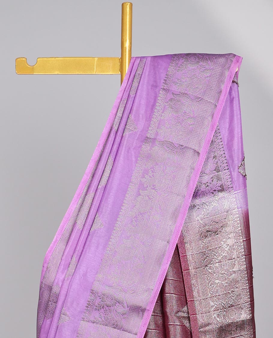 Lavender square motifs semi- banaras tussar saree with self zari striped border &  square motifs pallu