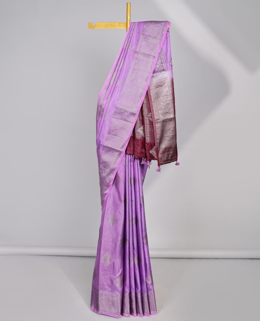 Lavender square motifs semi- banaras tussar saree with self zari striped border &  square motifs pallu