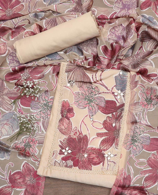 Cream material chudidar set, floral patch embroidered with mirror work top, plain bottom and floral printed dupatta