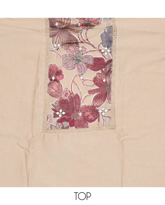 Cream material chudidar set, floral patch embroidered with mirror work top, plain bottom and floral printed dupatta
