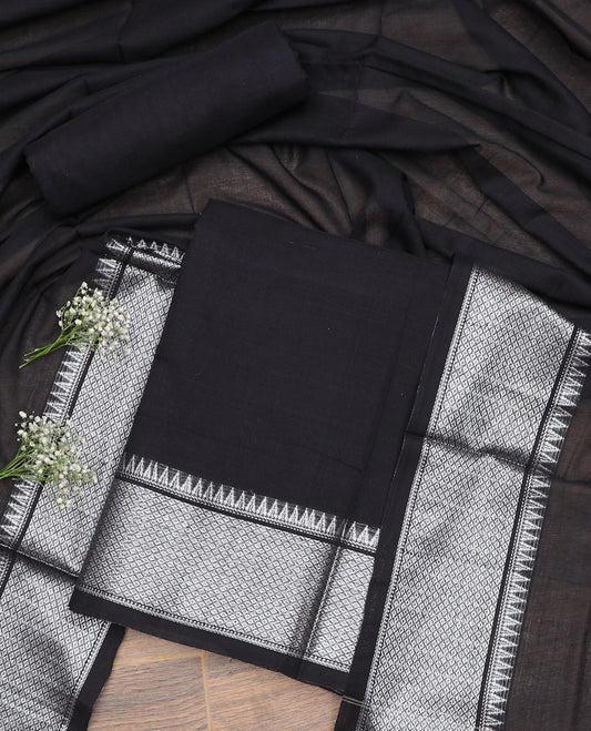 Black checked, temple design chudidhar material top with plain bottom & plain, zari design border dupatta