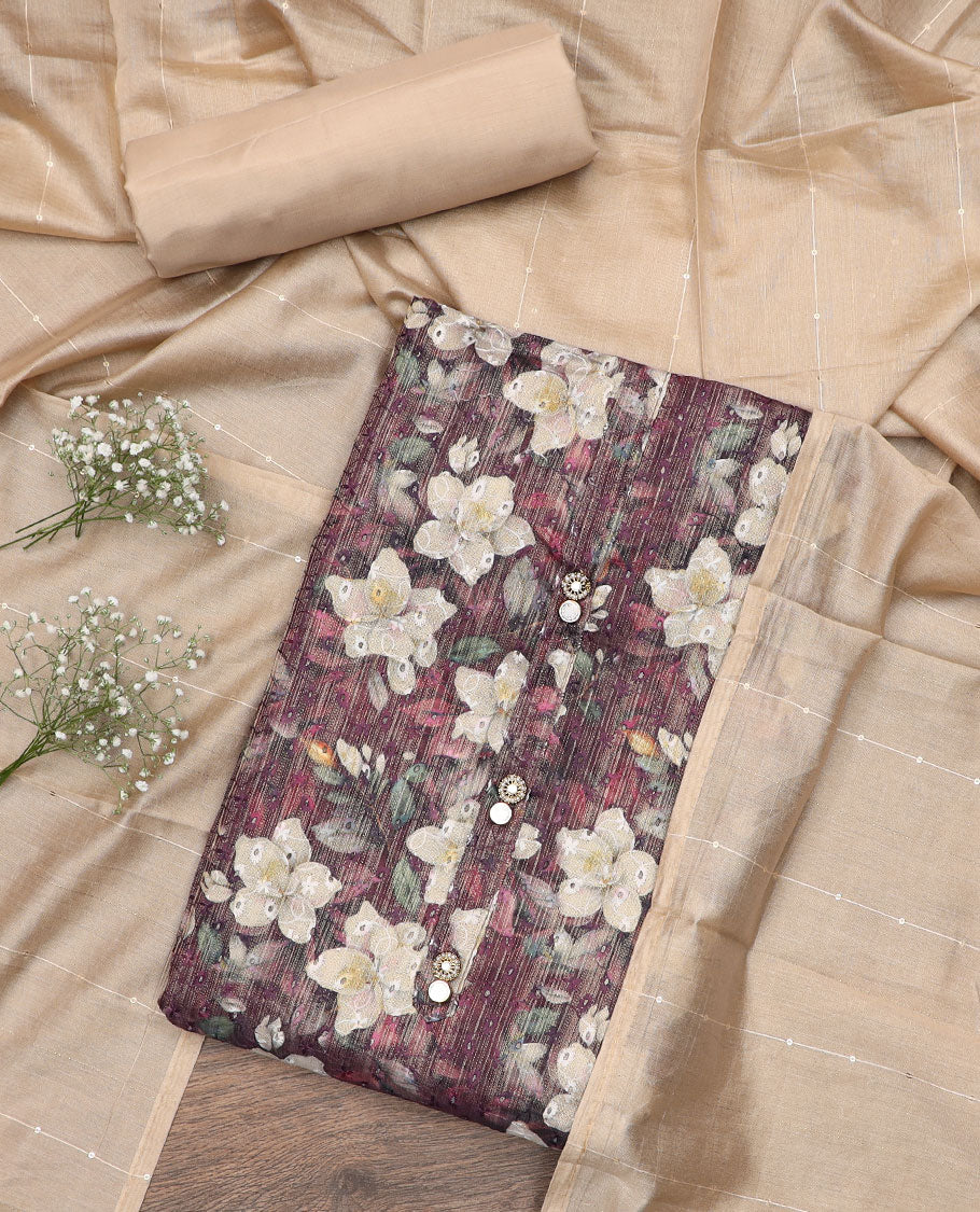 Brown material chudidar set, floral printed with thread embroidered top, contrast plain bottom, and sequins striped dupatta