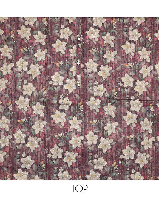 Brown material chudidar set, floral printed with thread embroidered top, contrast plain bottom, and sequins striped dupatta