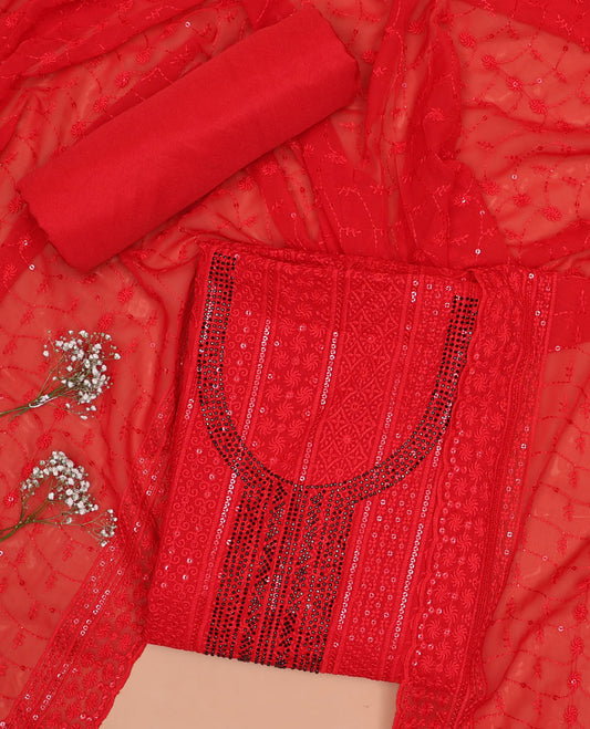 Red chudidhar material set , floral  embroidery, sequins top, plain bottom & floral sequins with scallop border dupatta