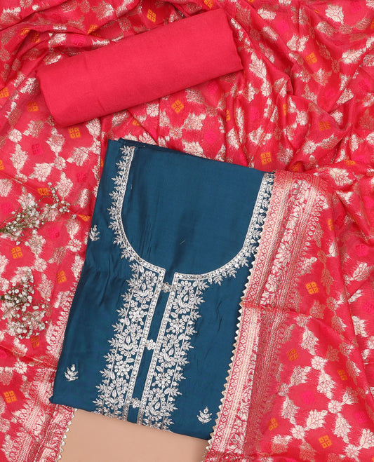 Blue chudidhar material set, floral embroidery, sequins top , red plain bottom & floral vine zari design dupatta