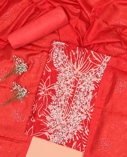 Red leaf printed chudidhar material set floral thread embroidered top, plain bottom & sequins embroidered dupatta
