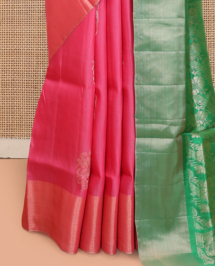 Pink Uppada Saree, Highlighted by Zari Buttas, a Bavanji Border, Contrast Intricate Pallu, and a Contrast Blouse