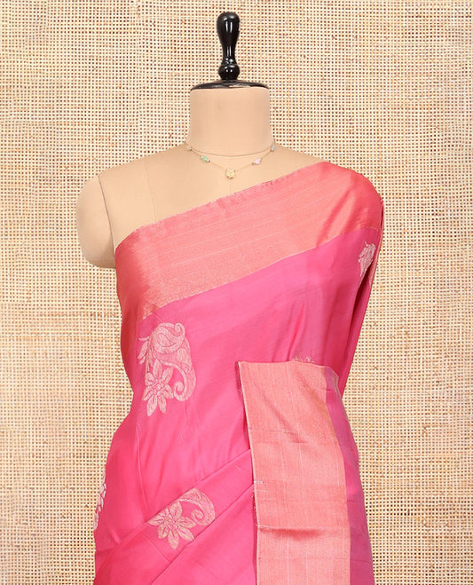 Pink Uppada Saree, Highlighted by Zari Buttas, a Bavanji Border, Contrast Intricate Pallu, and a Contrast Blouse