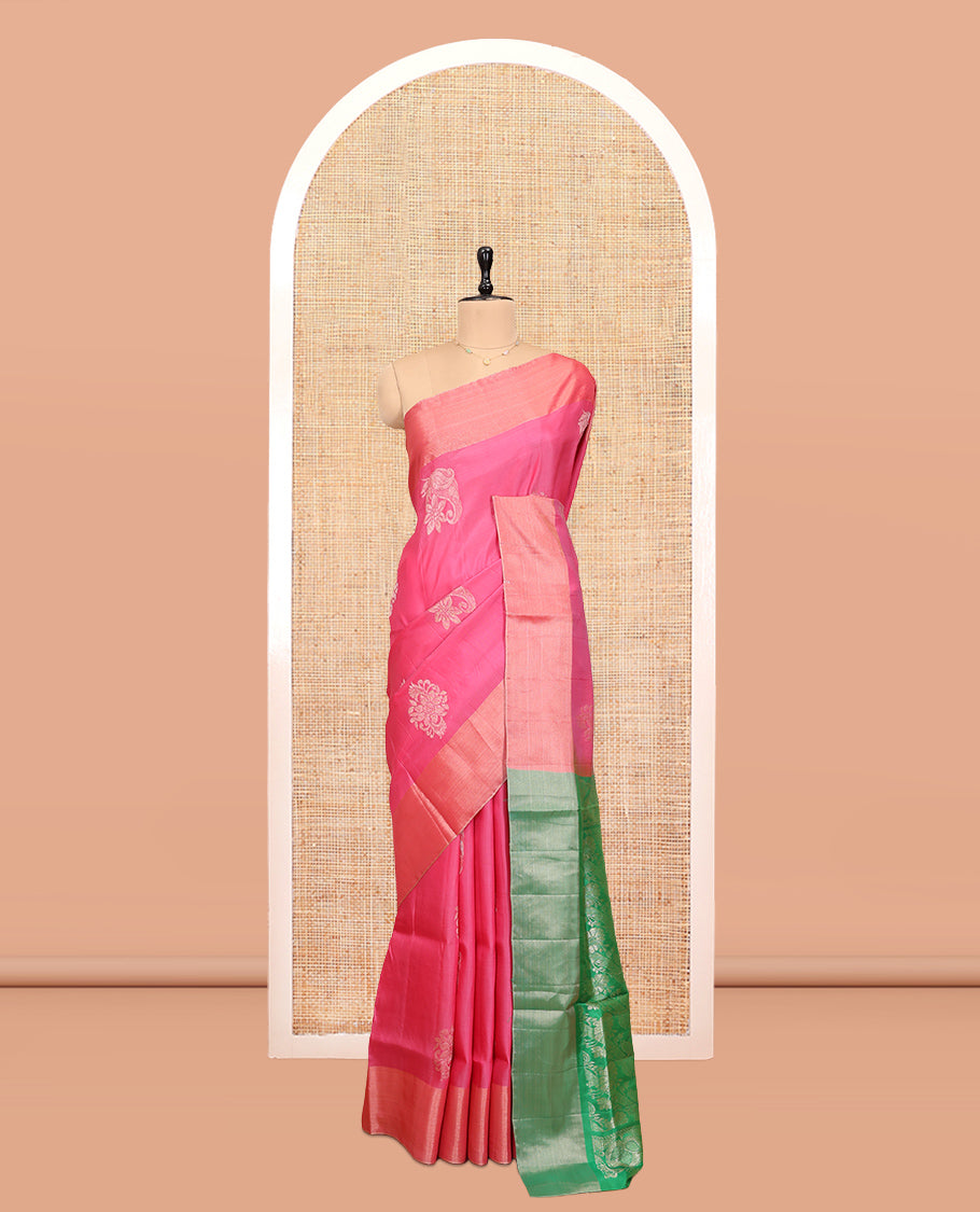 Pink Uppada Saree, Highlighted by Zari Buttas, a Bavanji Border, Contrast Intricate Pallu, and a Contrast Blouse