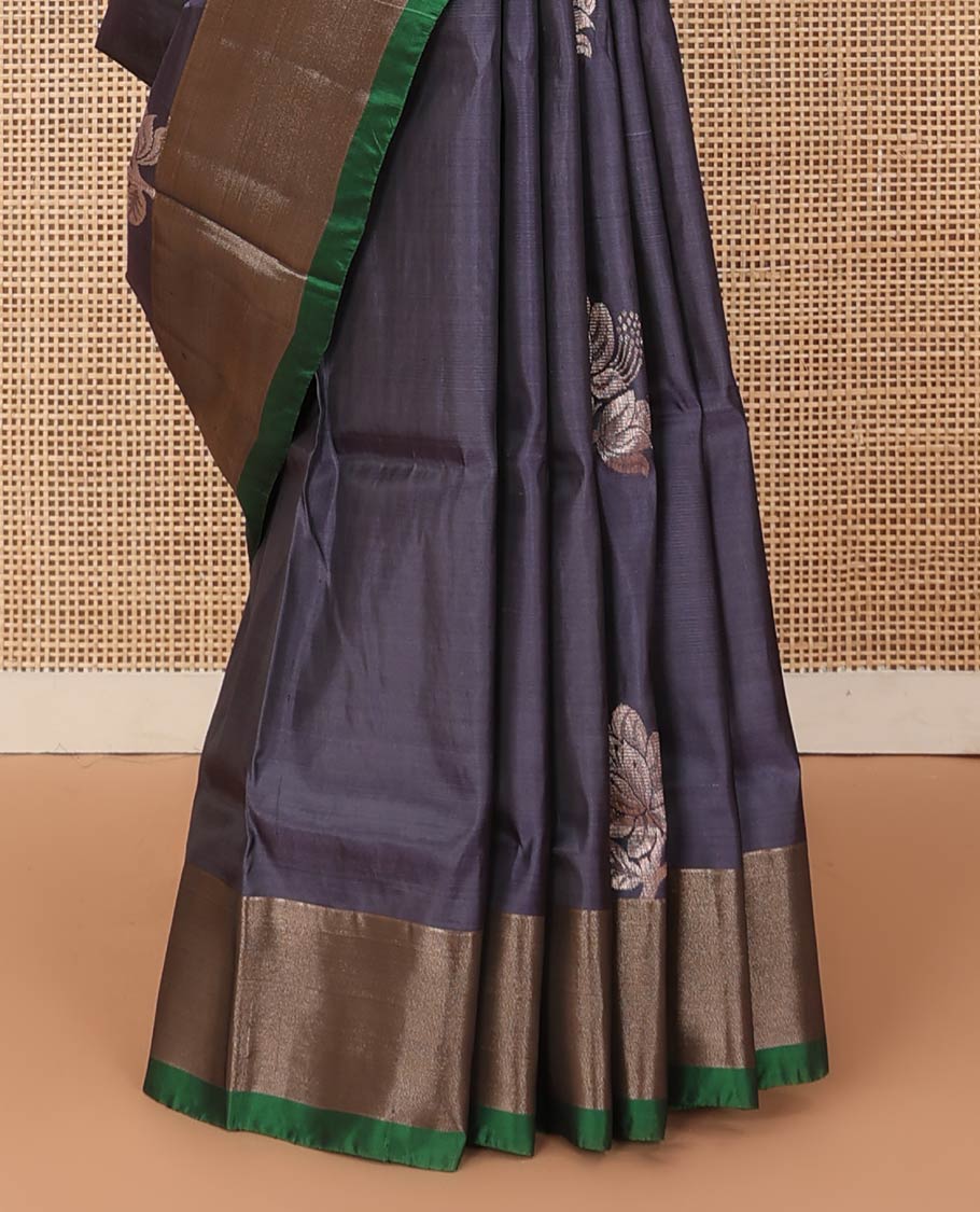Grey floral buttas Uppada saree, contrast bavanji border, and intricate pallu
