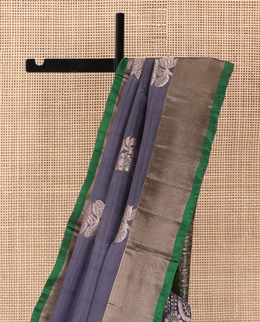 Grey floral buttas Uppada saree, contrast bavanji border, and intricate pallu