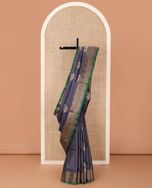 Grey floral buttas Uppada saree, contrast bavanji border, and intricate pallu