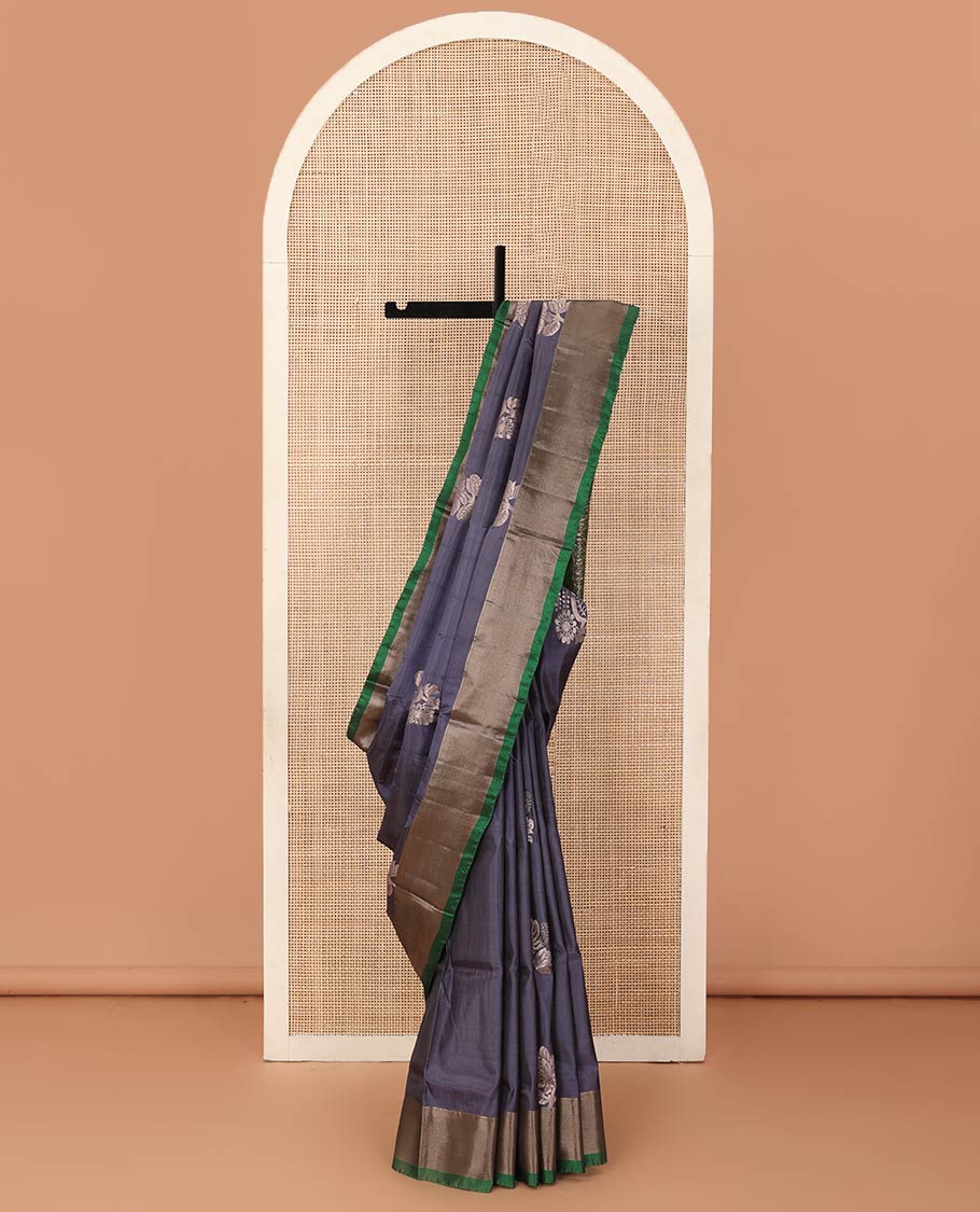 Grey floral buttas Uppada saree, contrast bavanji border, and intricate pallu