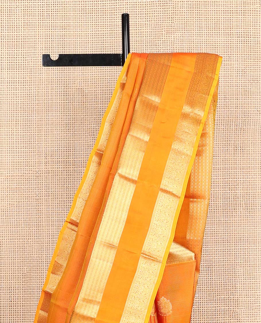 Fanta orange zari buttas Vasundhara silk mix saree, traditional design rettai pettu zari border & leaf motifs steeped pallu