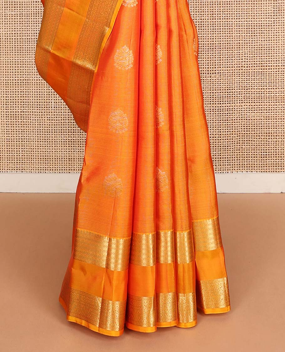 Fanta orange zari buttas Vasundhara silk mix saree, traditional design rettai pettu zari border & leaf motifs steeped pallu